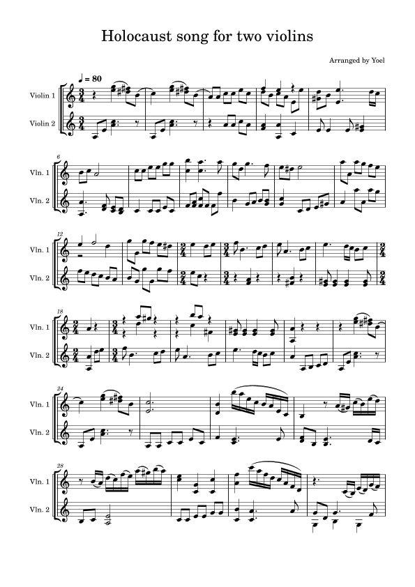 Unter Dyne Vyse Shteren Holocaust Song for Violin Duet (arr. Yoel Epstein)