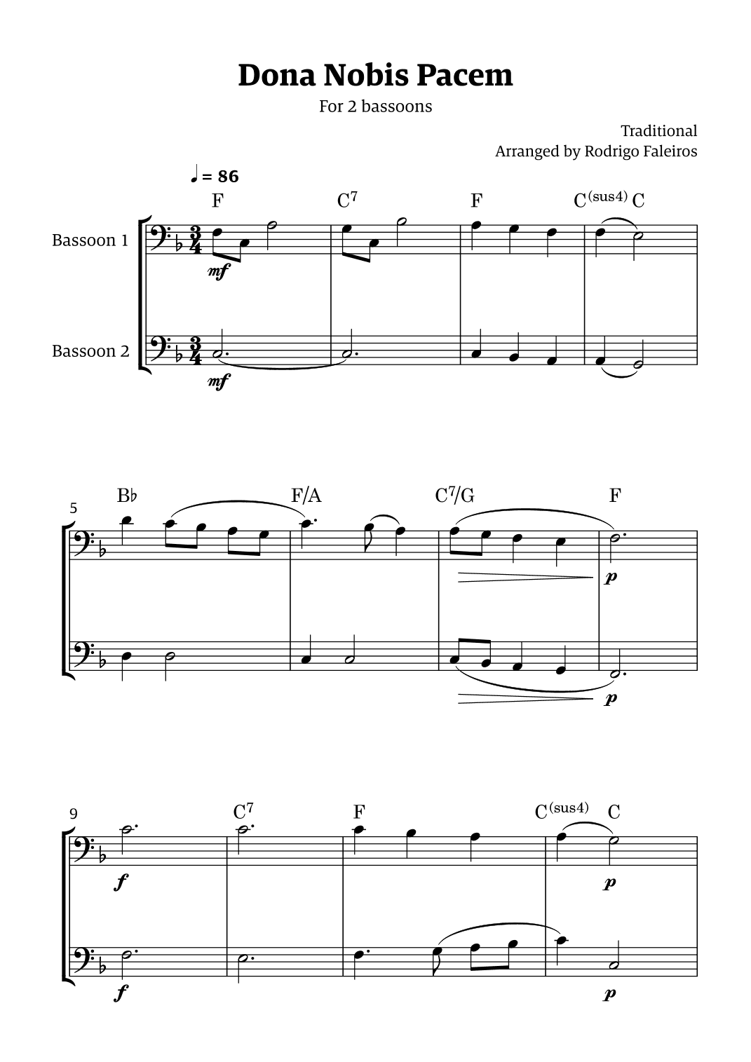 Dona Nobis Pacem - for 2 bassoons (with chords) (arr. Rodrigo Faleiros)