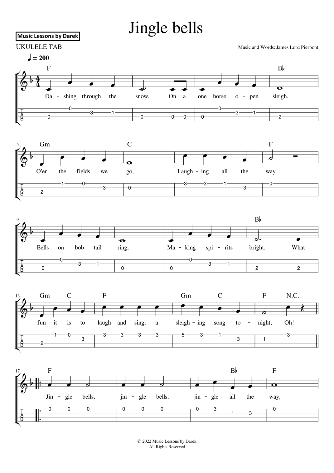 Jingle Bells - Christmas Carol [EASY UKULELE] (arr. Darek)