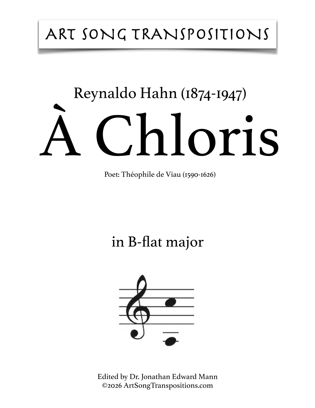 HAHN: À Chloris (transposed to B-flat major) (arr. ArtSongTranspositions.com)