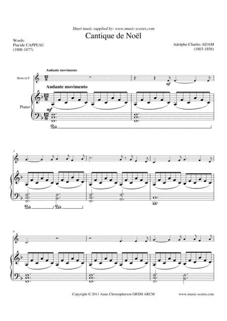 Cantique de Noel; O Holy Night - French Horn and Piano - F (arr. Anne L Christopherson GRSM ARCM)