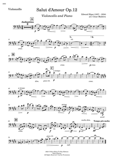 Salut d'Amour by Elgar - Cello and Piano (Individual Parts) (arr. César Madeira)