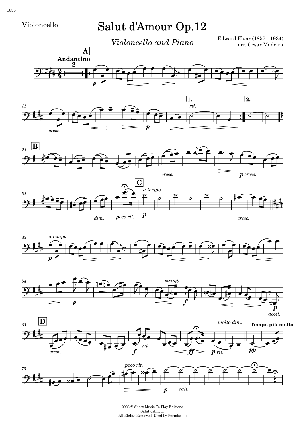 Salut d'Amour by Elgar - Cello and Piano (Individual Parts) (arr. César Madeira)