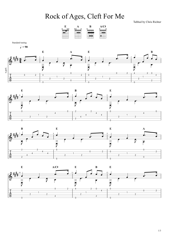 Rock of Ages, Cleft For Me (Solo Fingerstyle Guitar Tab) (arr. Chris Richter)
