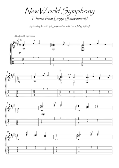 New World Symphony - Largo Theme guitar solo (arr. PianoSheetNow)