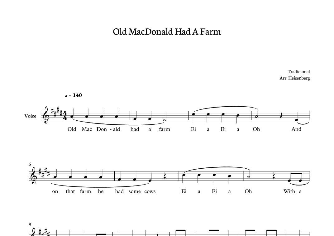 Old MacDonald Had a Farm for voice in E major (arr. Heisenberg)