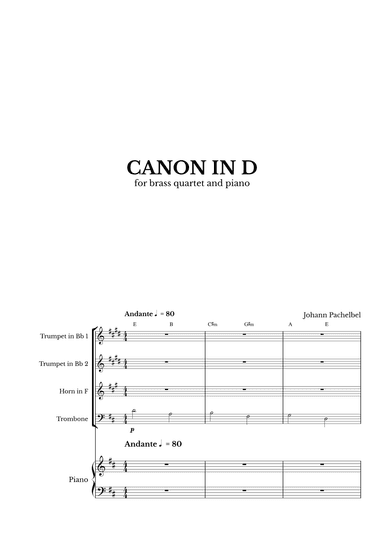 Canon in D for Brass Quartet and Piano with chords (arr. Maurício Luz)