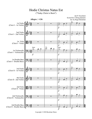 Hodie Christus Natus Est (2 String Quintets - 4 Violins, 2 Violas, 2 Cellos, 2 Basses) (arr. Regis Bookshar)