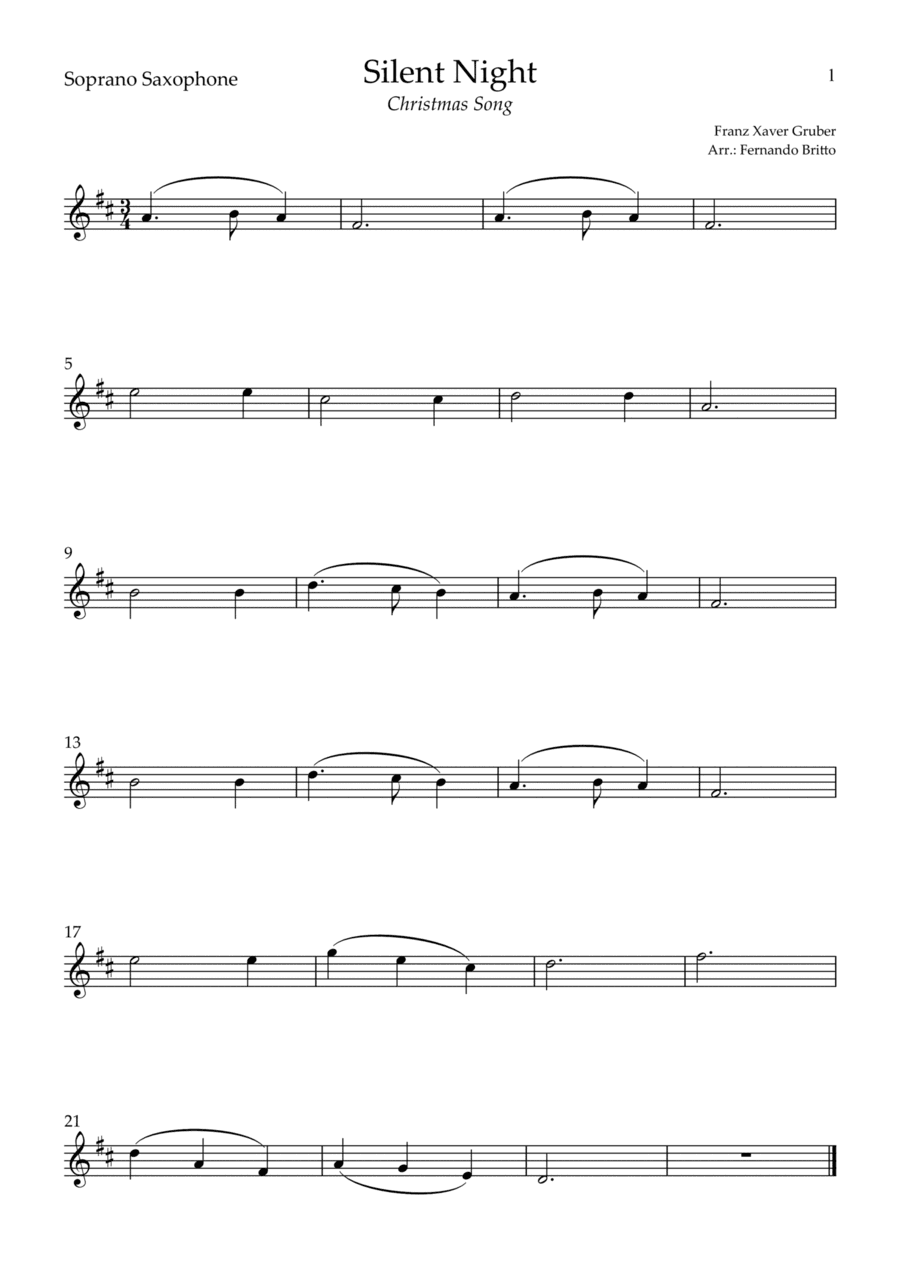 Silent Night (Christmas Song) for Soprano Saxophone Solo (C Major) (arr. Fernando Britto)