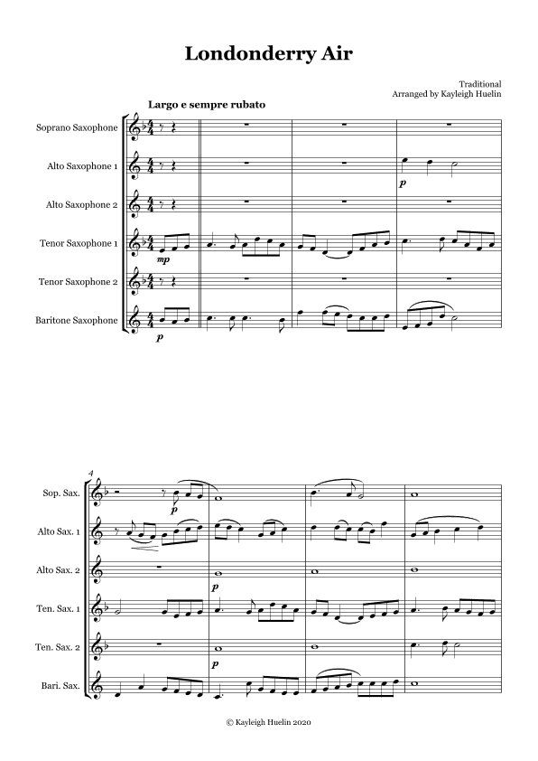 Londonderry Air (Danny Boy) - Saxophone sextet (SAATTB) (arr. Kayleigh Huelin)