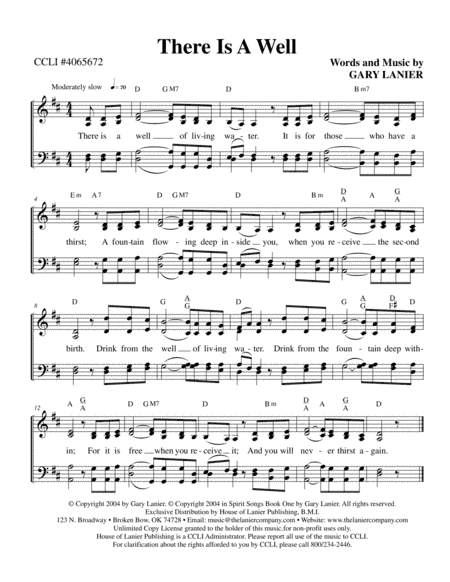 THERE IS A WELL by Gary Lanier, Worship Hymn Sheet (Melody, Lyrics, 4 Part Harmony & Chords)