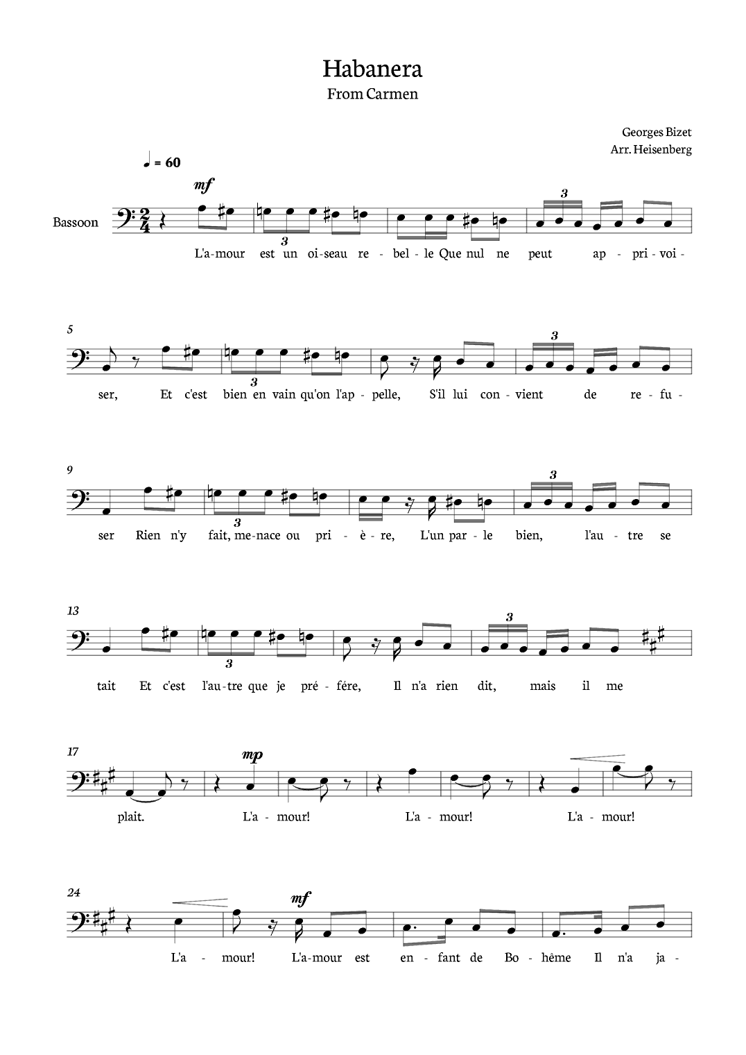 Habanera from Carmen for Bassoon (arr. Heisenberg)