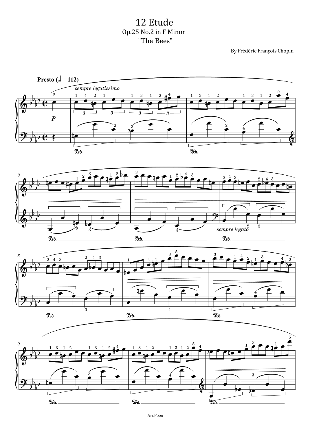 Chopin - 12 Etude - Op.25 No.2 in F Minor "The Bees" - Original With Fingered - For Piano Solo (arr. poon)