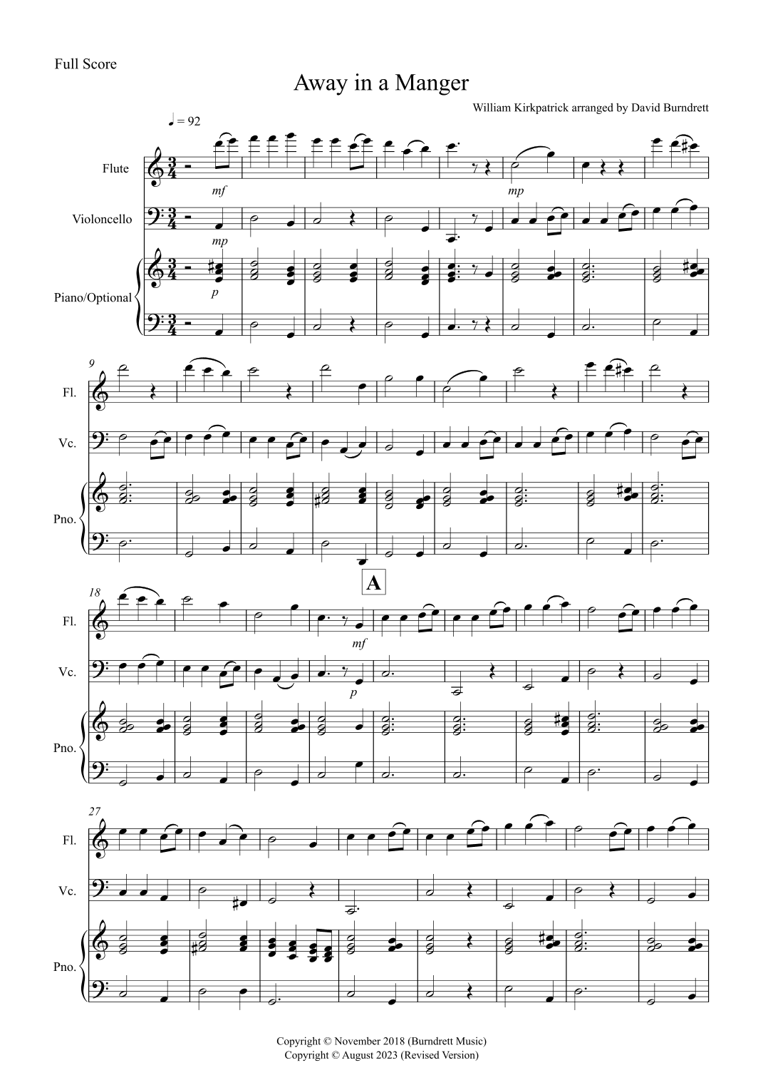 Away in a Manger for Flute and Cello Duet (arr. David Burndrett)
