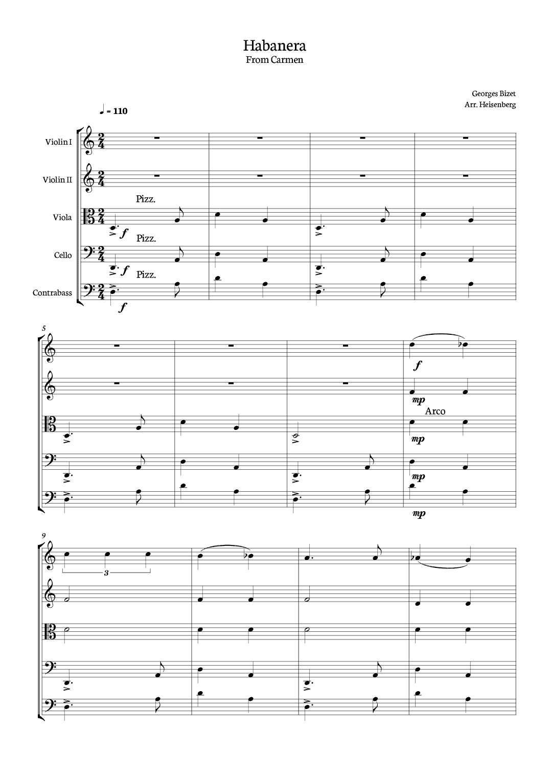 Habanera - Georges Bizet (Carmen) for String Quintet in a easy version - Score and parts (arr. Heisenberg)