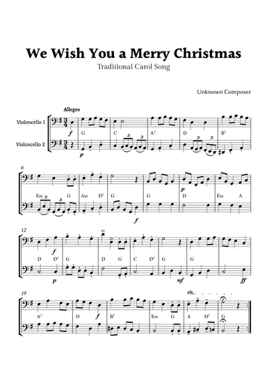 We Wish you a Merry Christmas Cello Duet with Chords (arr. Rika K.)