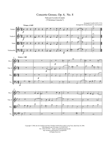 Concerto Grosso. Op. 6, No. 8 ("Christmas Concerto") for string quartet (arr. Joel Jacklich (ASCAP))