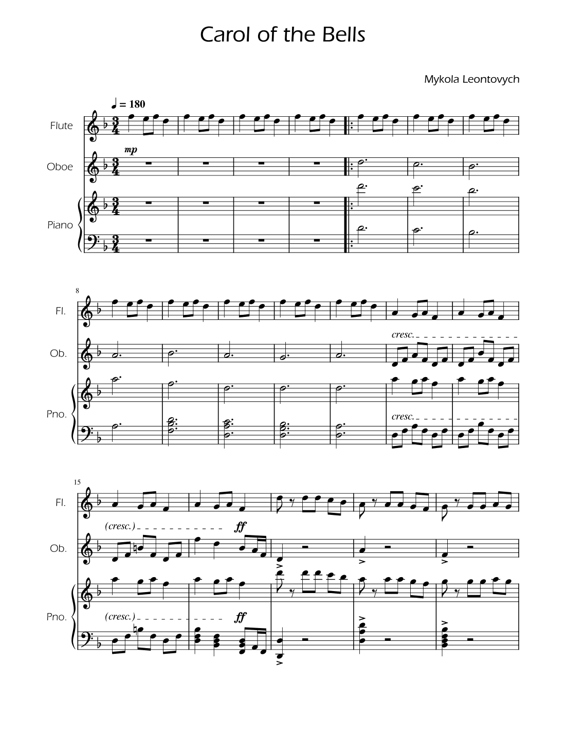 Carol of the Bells - Flute and Oboe Duet w/ Piano (arr. Ygor Nunes)