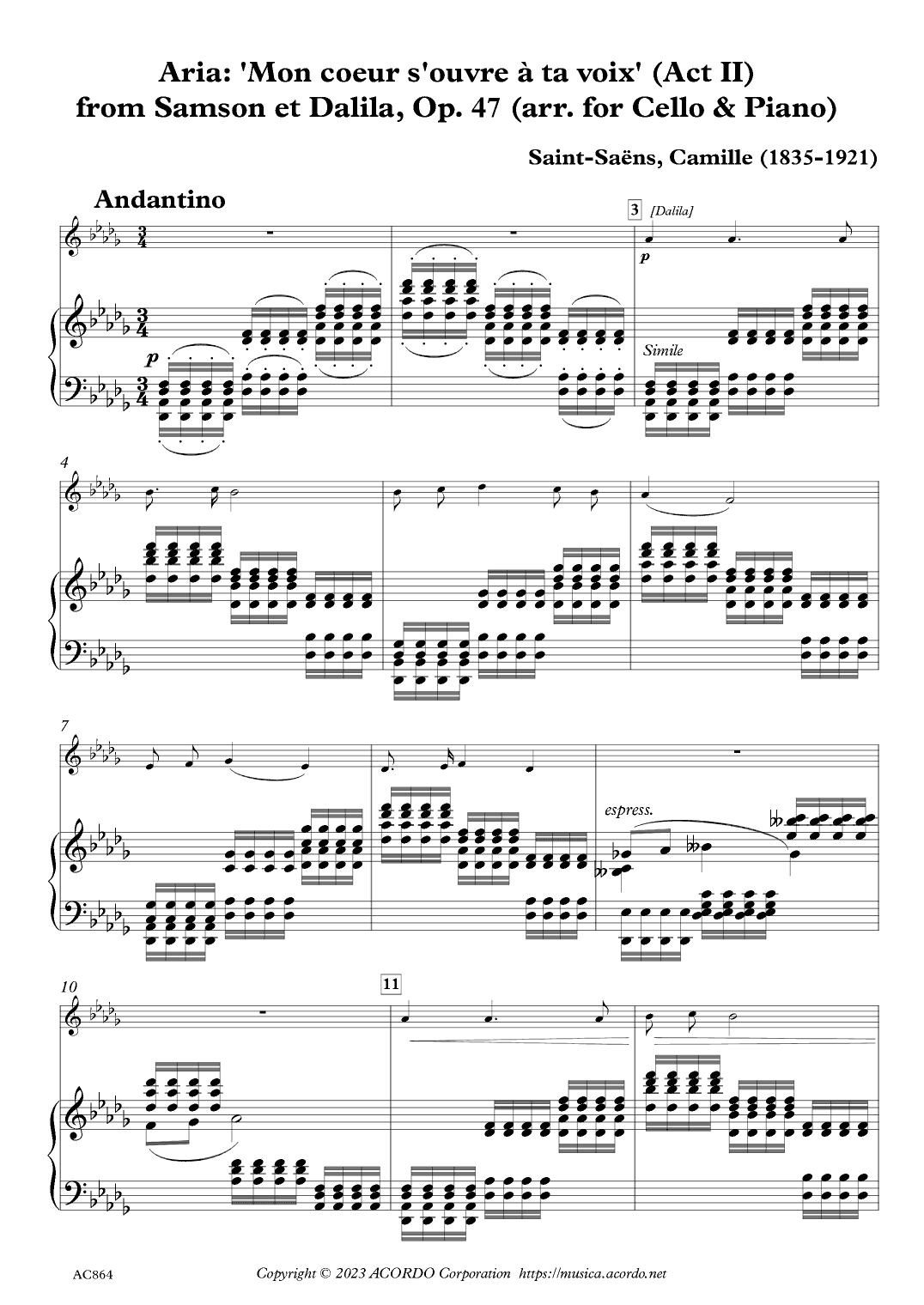 Aria: 'Mon coeur s'ouvre à ta voix' (Act II) from Samson et Dalila, Op. 47 (arr. for Cello & Piano) (arr. Kamada, Mikio)