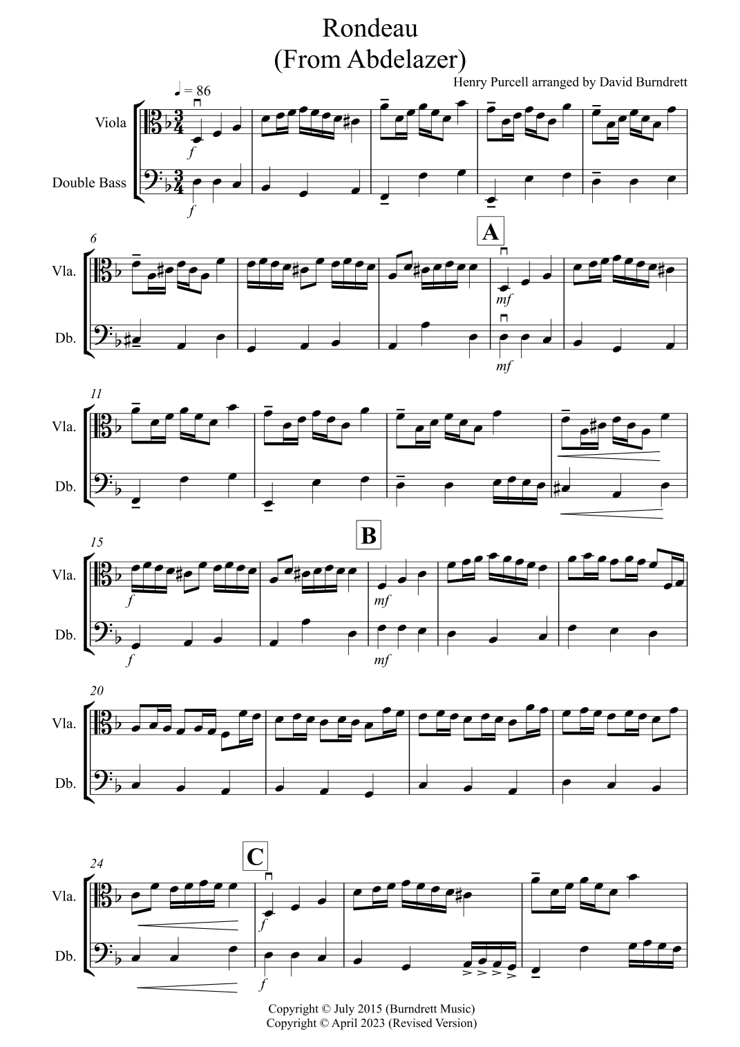 Rondeau (from Abdelazer) for Viola and Double Bass (arr. David Burndrett)
