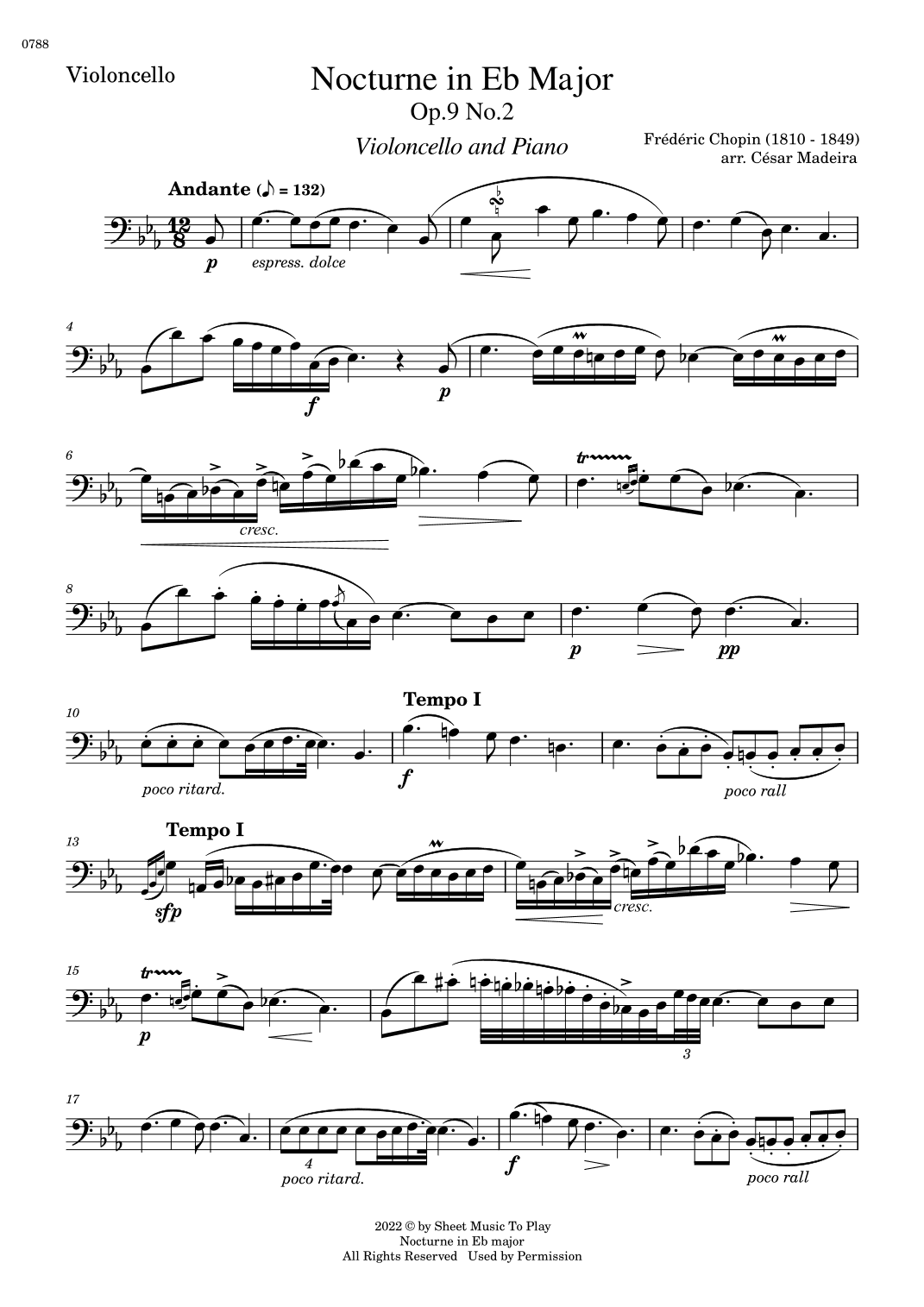 Nocturne Op.9 No.2 by Chopin - Cello and Piano (Individual Parts) (arr. César Madeira)