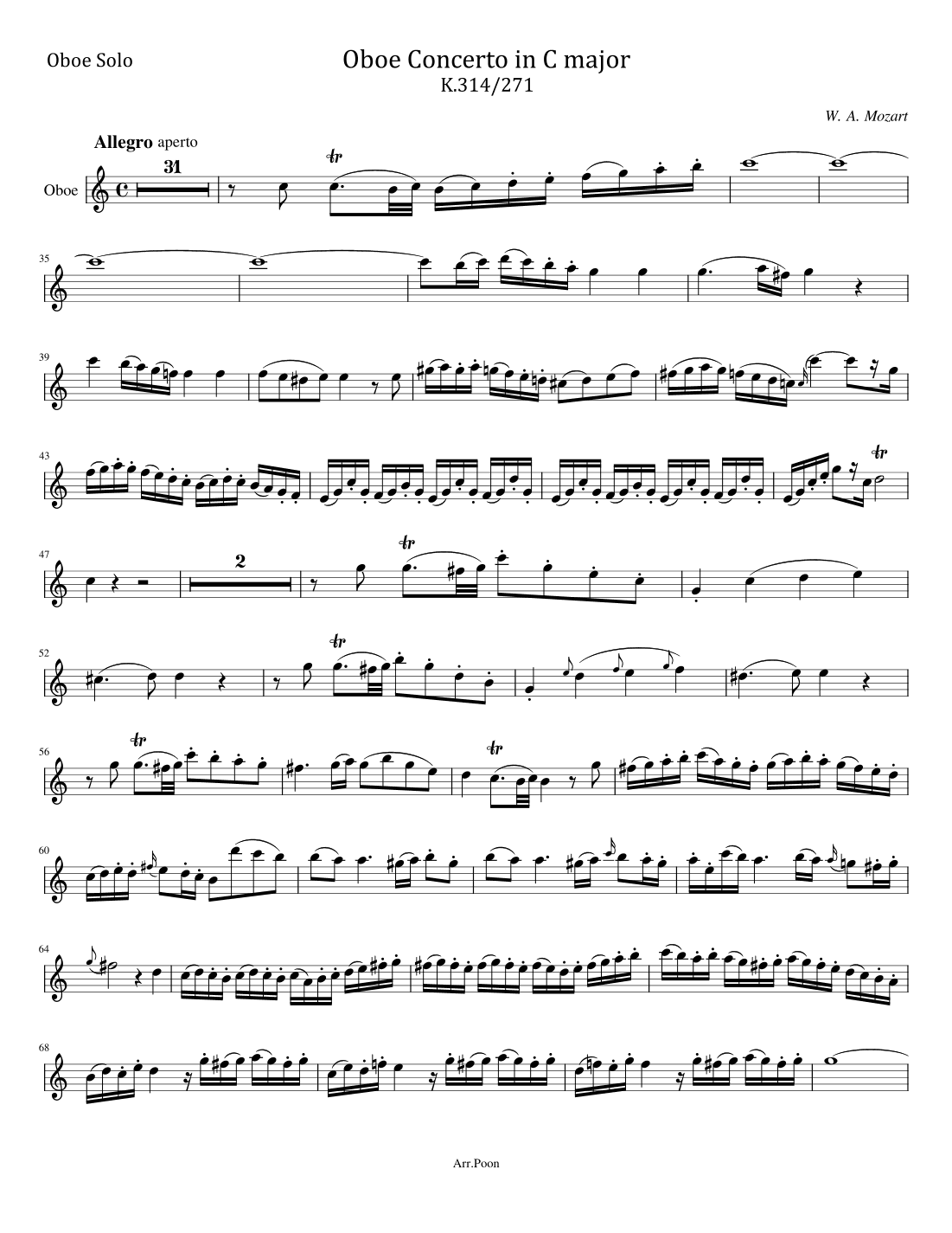 Mozart - Oboe Concerto in C major, K.314/271k  - For Oboe Solo Original (arr. poon)