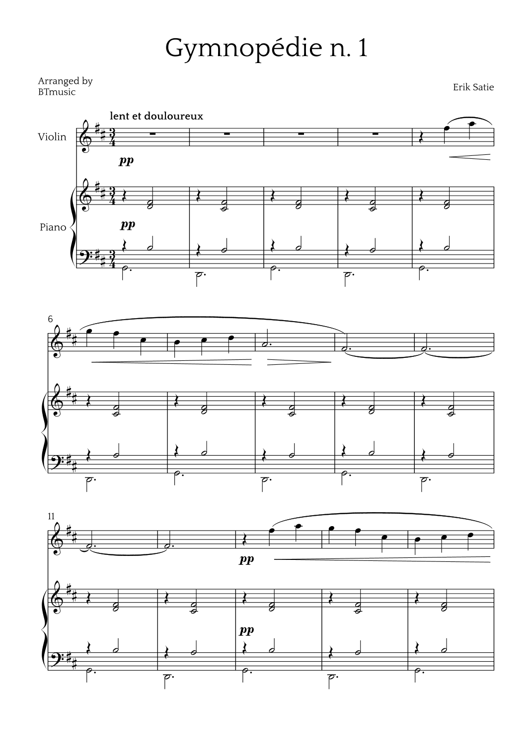 Gymnopédie N.1 - Violin and Piano (arr. BTmusic)