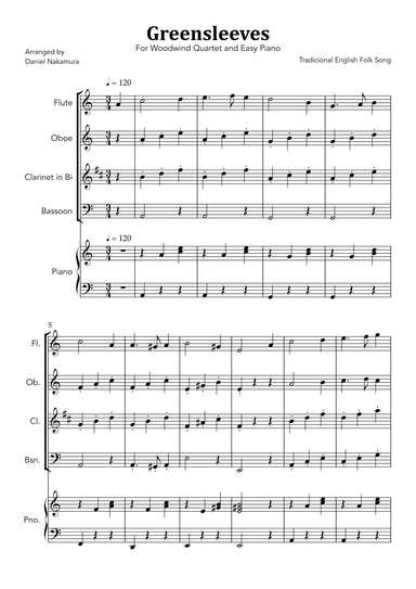 Greensleeves (For Woodwind Quartet with Easy Piano) (arr. Daniel Nakamura)