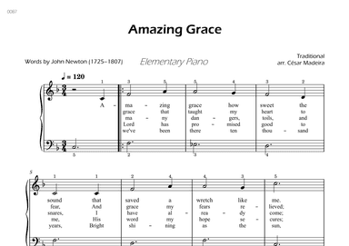 Amazing Grace - Elementary Piano - W/Lyrics (Full Score) (arr. César Madeira)