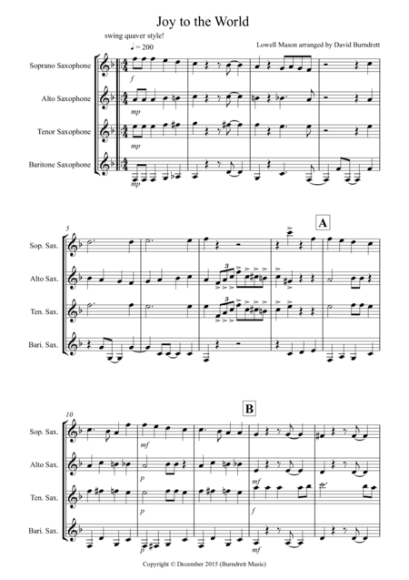 Joy to the World (Jazzy Style!) for Saxophone Quartet (arr. David Burndrett)