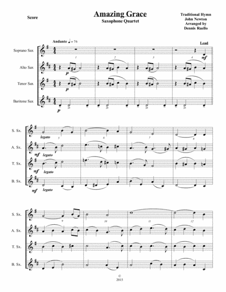 Amazing Grace - Saxophone Quartet (SATB or AATB) - Jazz Funeral Style (arr. Dennis Ruello)