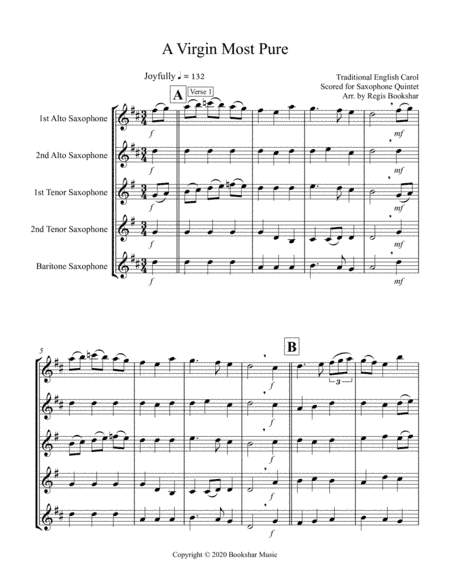 A Virgin Most Pure (F) (Saxophone Quintet - 2 Alto, 2 Tenor, 1 Baritone) (arr. Regis Bookshar)