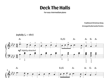 Deck The Halls (easy-intermediate piano – A? major) (arr. Bernardo Pereira)