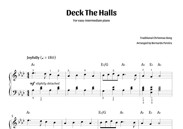 Deck The Halls (easy-intermediate piano – A? major) (arr. Bernardo Pereira)