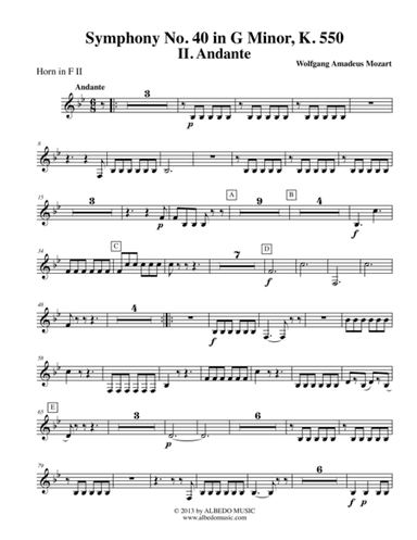 Mozart Symphony No. 40, Movement II - Horn in F 2 (Transposed Part), K. 550 (arr. Doug Clyde)
