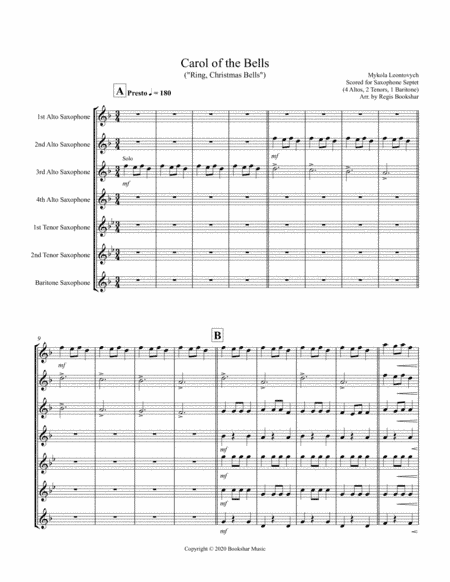 Carol of the Bells (F min) (Saxophone Septet - 4 Alto, 2 Ten, 1 Bari) (arr. Regis Bookshar)