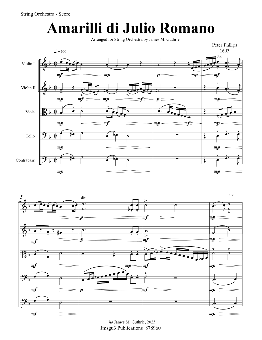Philips: Amarilli di Julio Romano for String Orchestra - Score Only (arr. James M. Guthrie)
