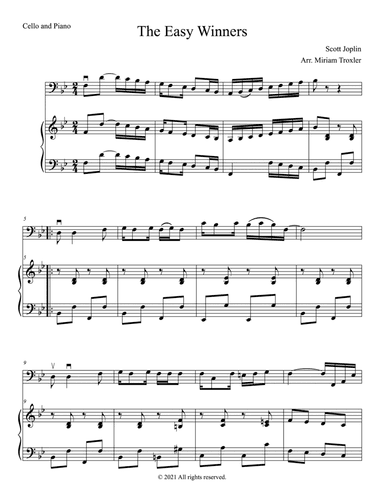 The Easy Winners Duet for Cello and Piano (arr. Miriam Troxler)
