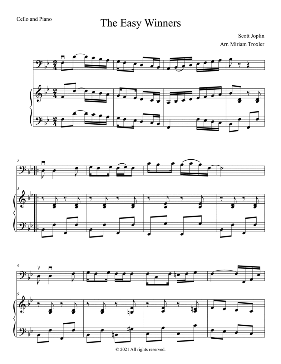 The Easy Winners Duet for Cello and Piano (arr. Miriam Troxler)