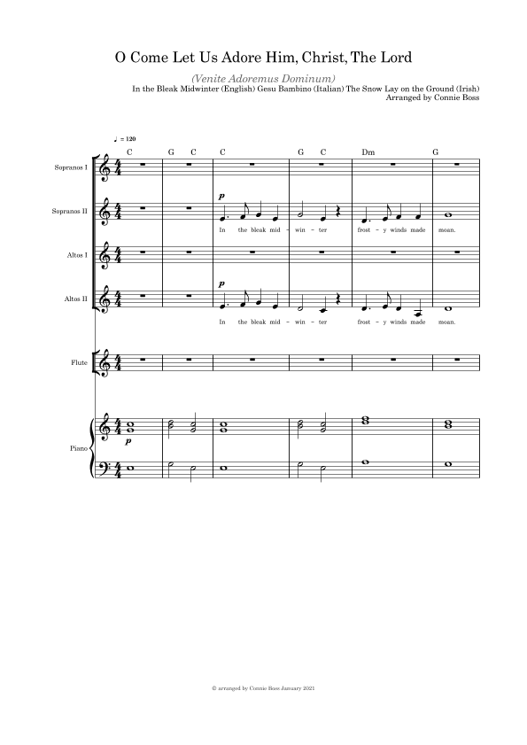 O Come Let Us Adore Him, Christ the Lord - SSAA Flute or Cello or Violin and Piano (arr. Connie Boss)