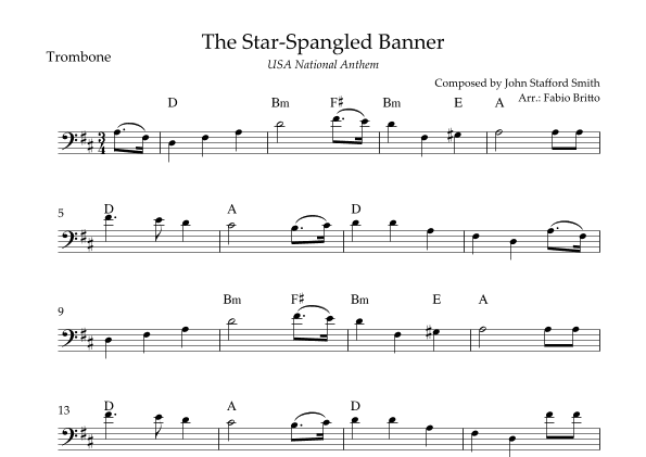 The Star Spangled Banner (USA National Anthem) for Trombone Solo with Chords (D Major) (arr. Fabio Britto)