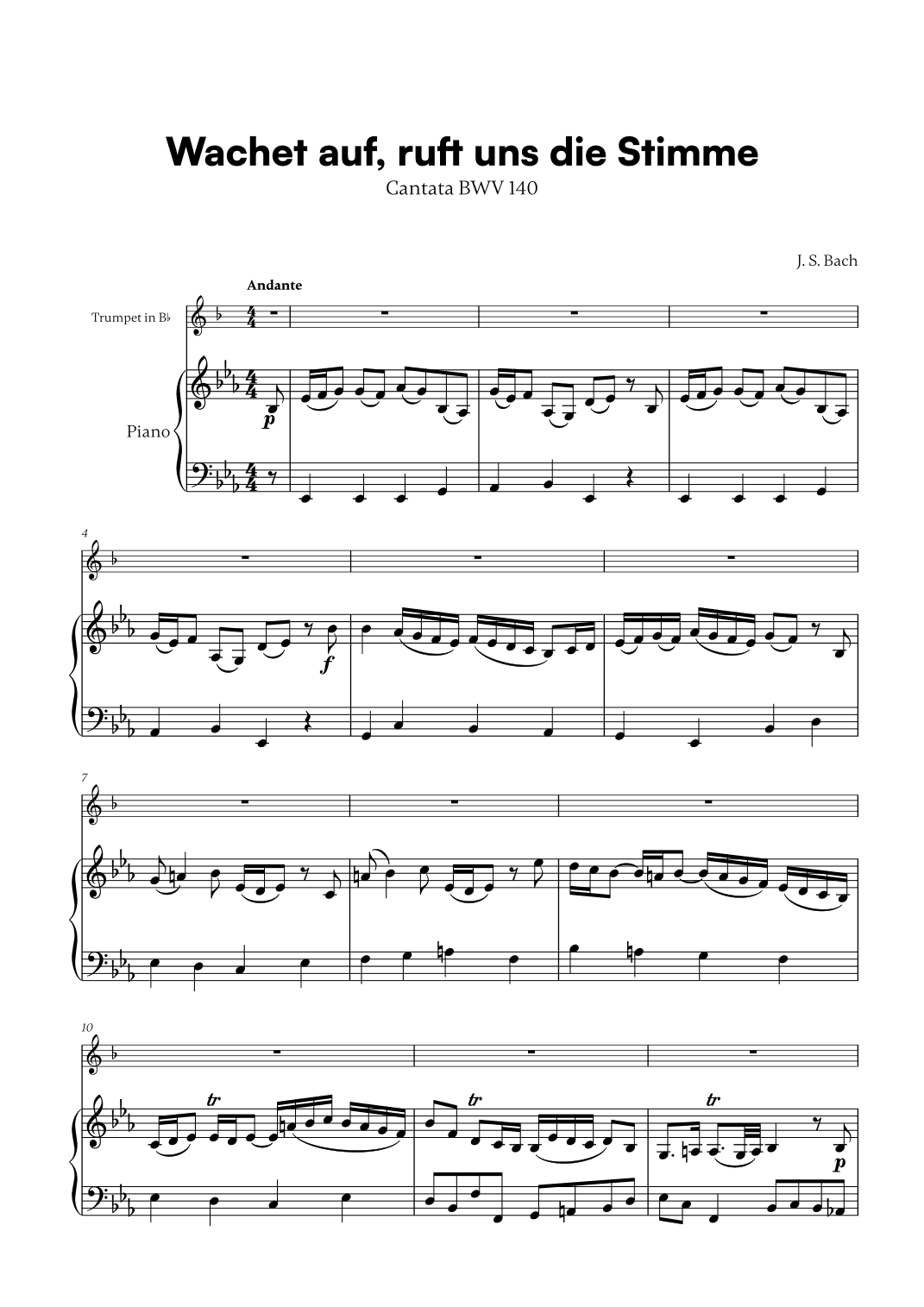 Johann Sebastian Bach - Wachet auf, ruft uns die Stimme (for Trumpet in Bb and Piano) (arr. Cadenza Editions)