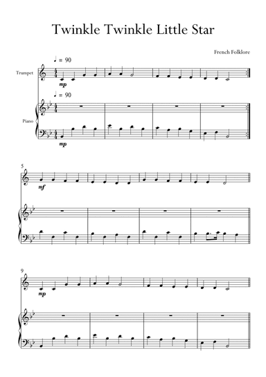 Twinkle Twinkle Little Star in Bb Major for Trumpet and Piano. Very Easy. (arr. Matheus Araújo)
