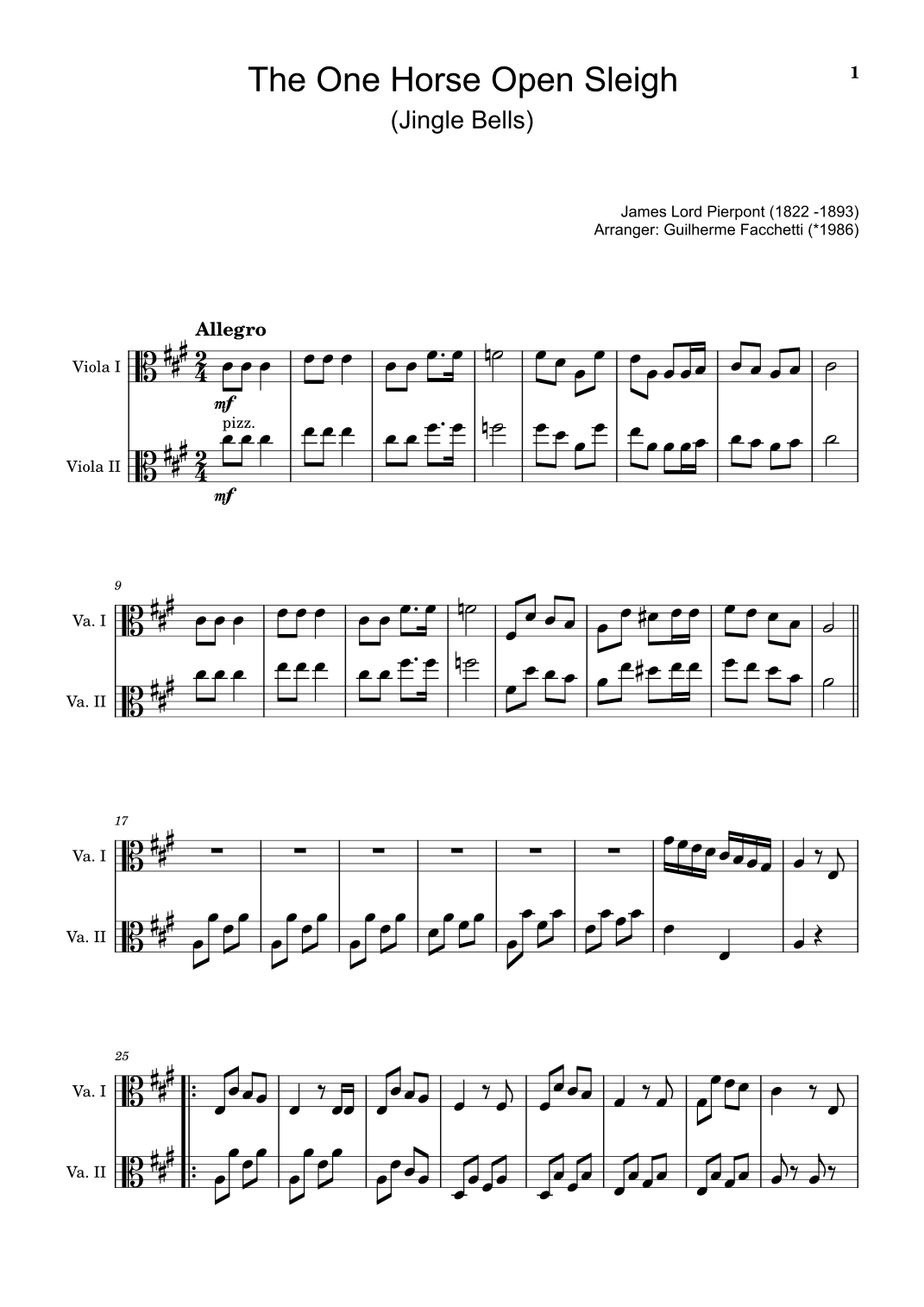 The One Horse Open Sleigh (Jingle Bells) - Arranged for Viola Duet. (arr. Guilherme Facchetti)