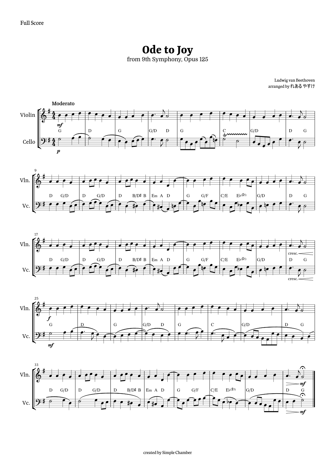 Ode to Joy for Violin and Cello by Beethoven Opus 125 (arr. れある やすけ)