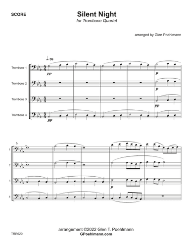 SILENT NIGHT - Trombone Quartet (Grade 3+) - includes Baritone TC for all parts (arr. Glen Poehlmann)