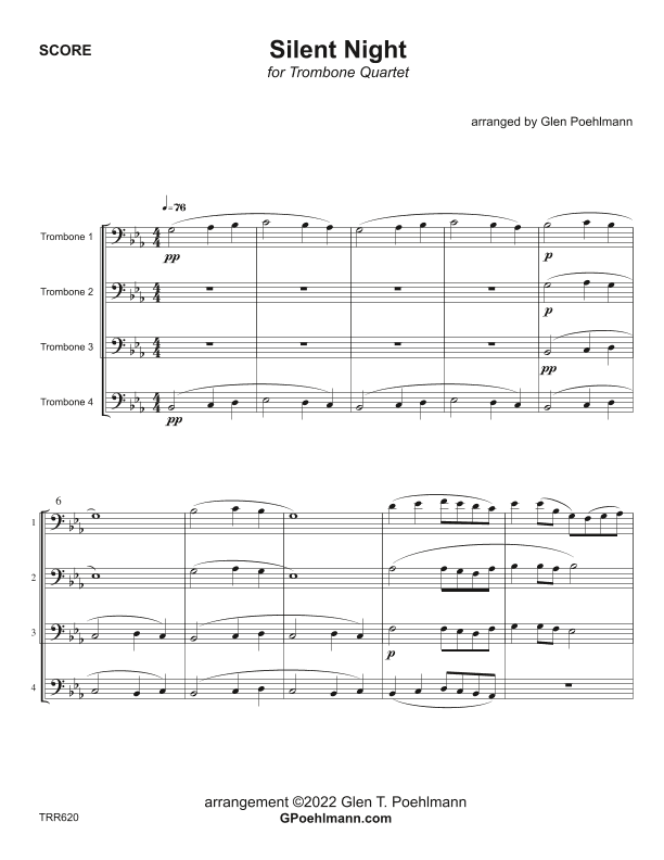 SILENT NIGHT - Trombone Quartet (Grade 3+) - includes Baritone TC for all parts (arr. Glen Poehlmann)