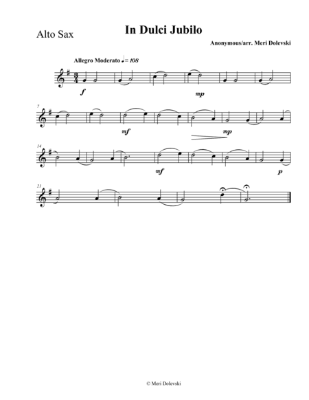 In Dulci Jubilo: E flat saxes (alto, baritone)/piano (arr. Meri Dolevski)