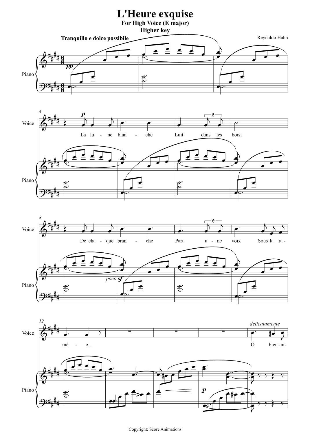 "L'heure exquise" for High Voice (E major) (arr. Score Animations)