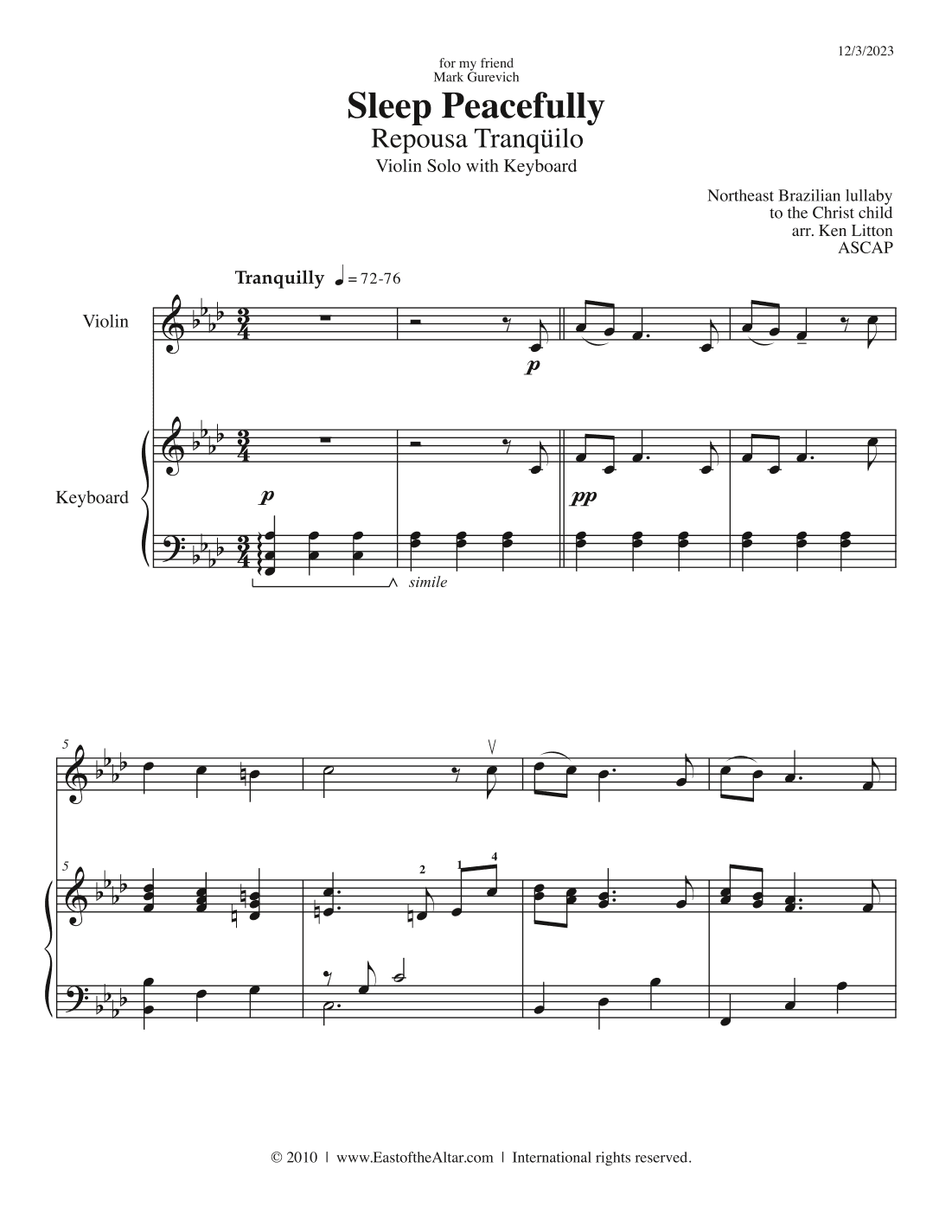 Repousa Tranqüilo (Sleep Peacefully) VIOLIN (arr. Ken Litton)